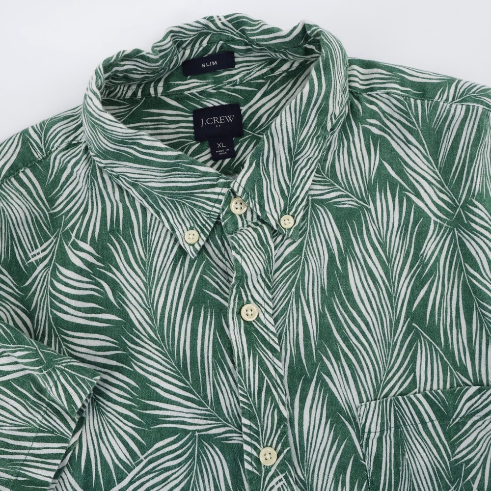 J. Crew Slim Linen Blend Palm Print Button Down Shirt Green Short Sleeve Mens XL